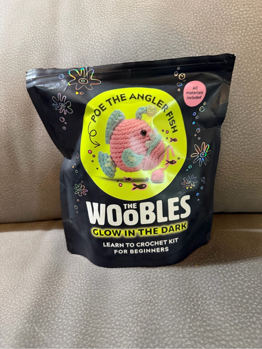 The Woobles Glow in the Dark Poe the Angler Fish Crochet Kit - Pink & Green